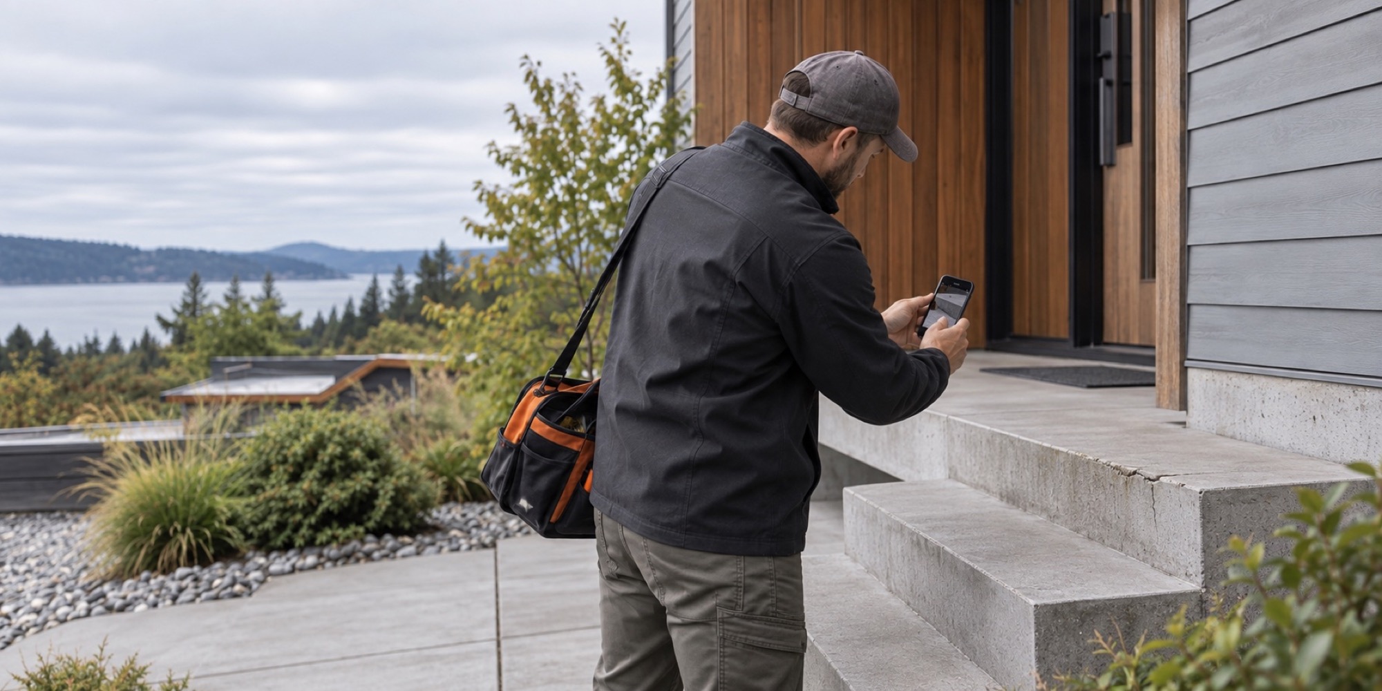Property inspector documenting a crack in the front porch steps with a phone