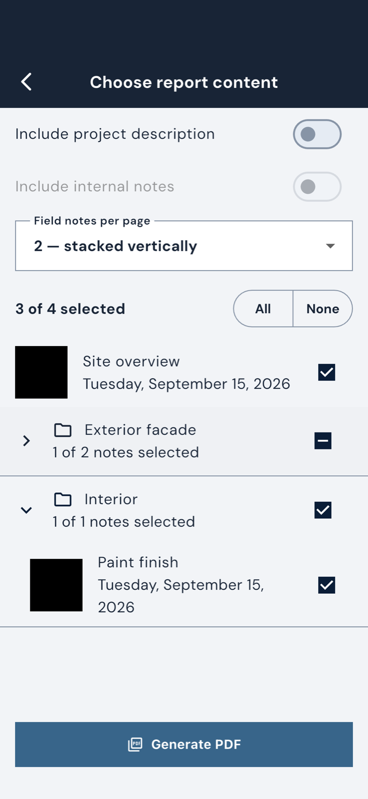 Mobile report builder with selectable field notes